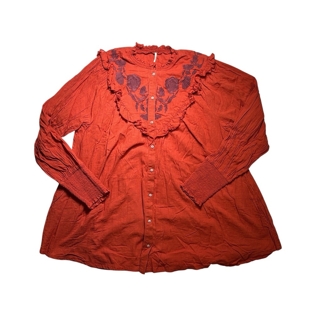 Free People Orange Rose Vines Embroidered‎ Top 100% Cotton Boho Cottagecore Sz M